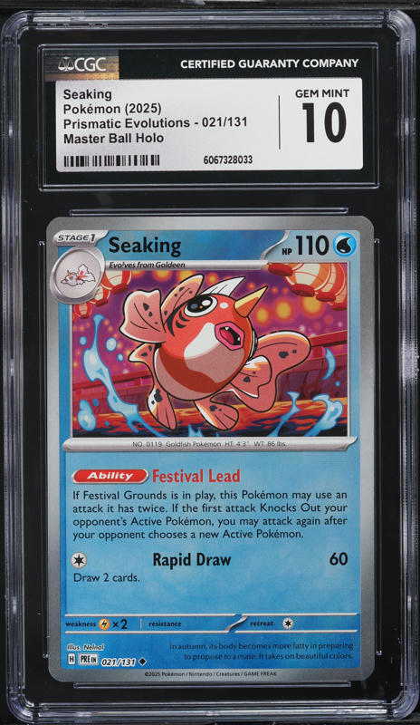 2025 Pokemon SV Prismatic Evolutions Master Ball Holo Seaking #21 CGC 10 GEM