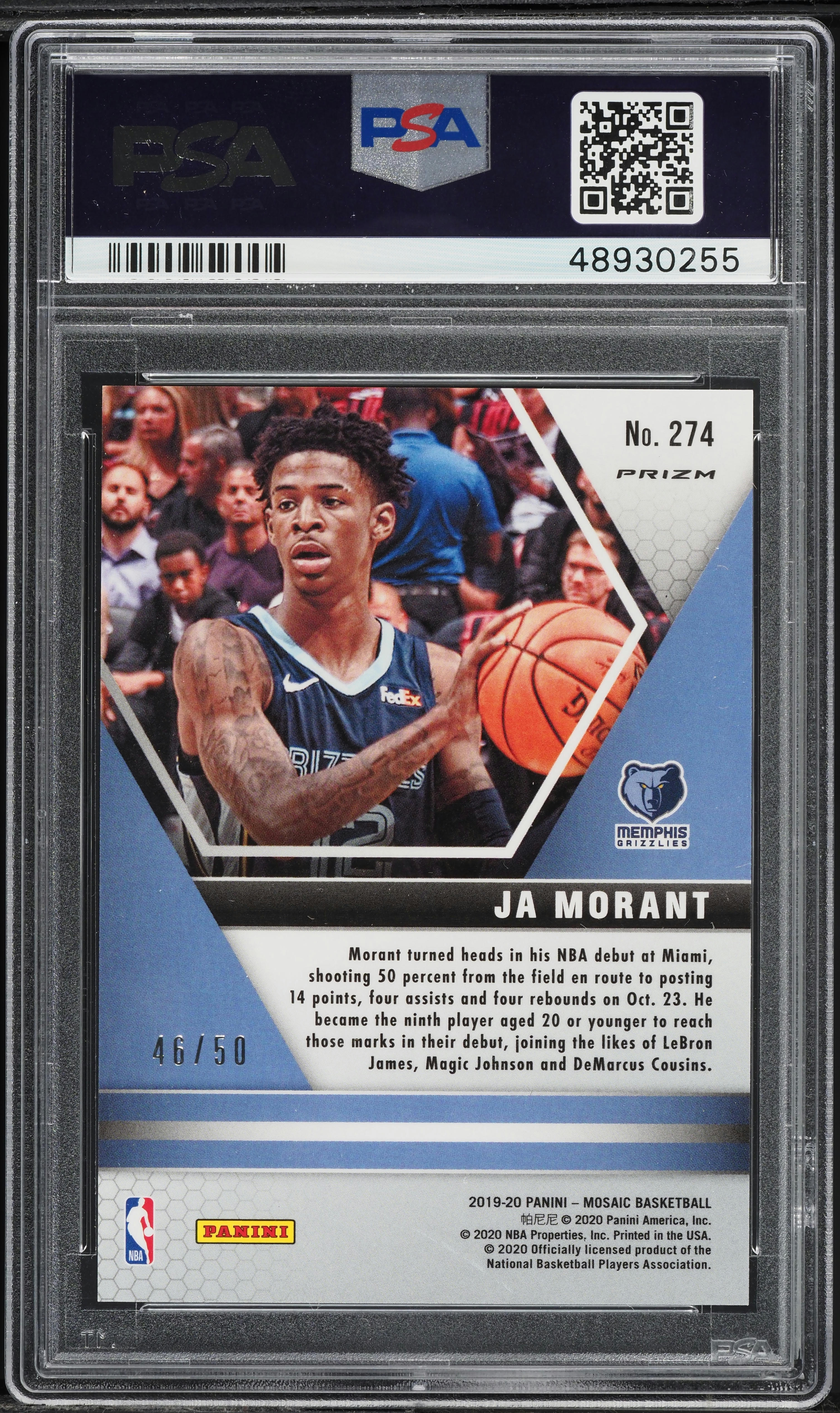 2019 Panini Mosaic Fast Break Purple Ja Morant ROOKIE /50 #274 PSA