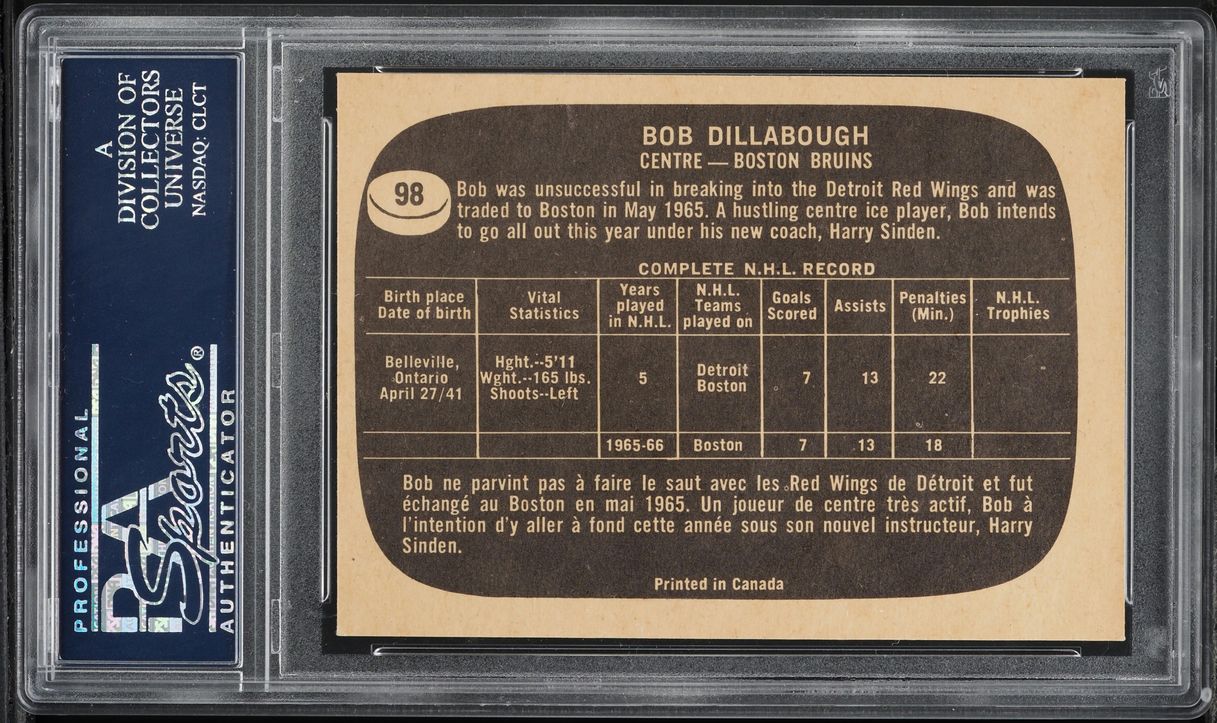1966 Topps Hockey Bob Dillabough #98 PSA 7 NRMT