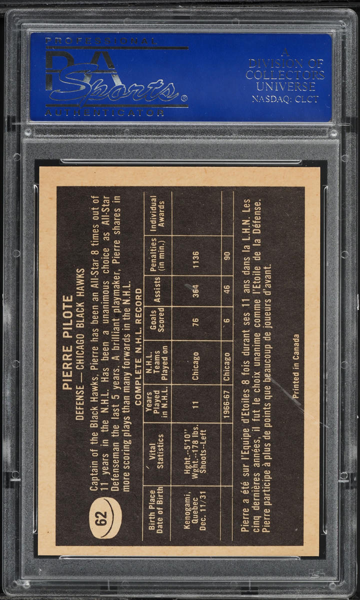 1967 Topps Hockey Pierre Pilote #62 PSA 8 NM-MT