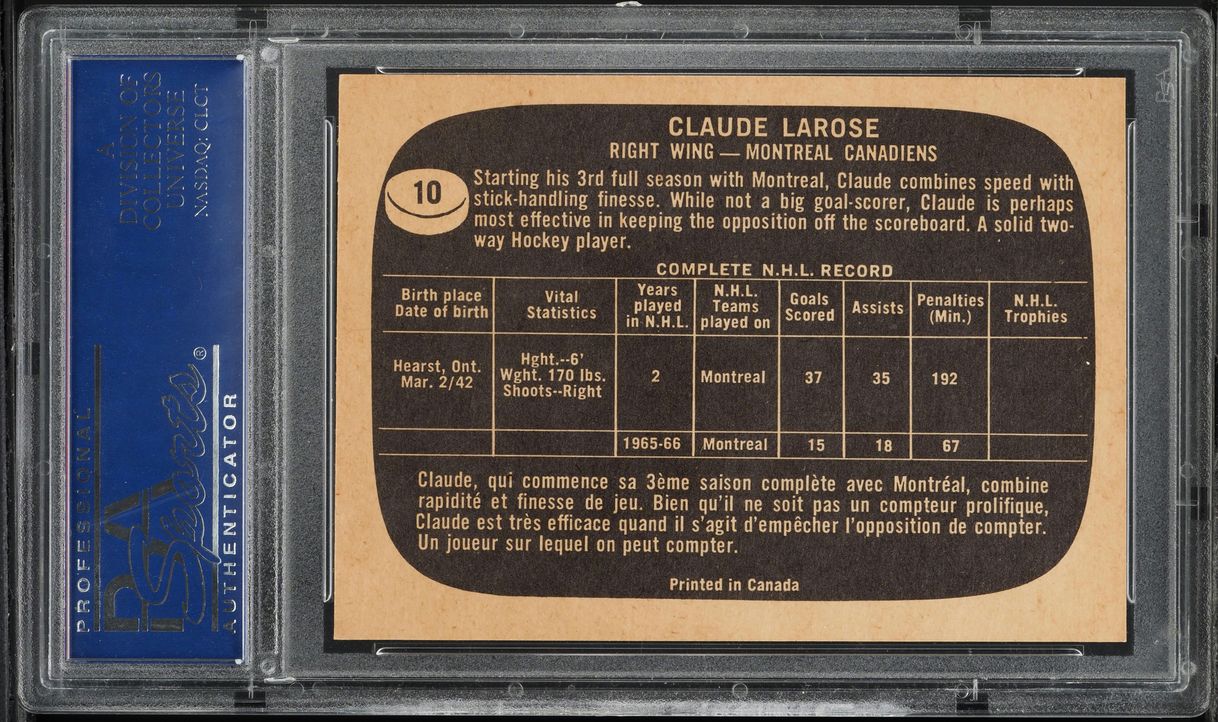 1966 Topps Hockey Claude Larose #10 PSA 7 NRMT