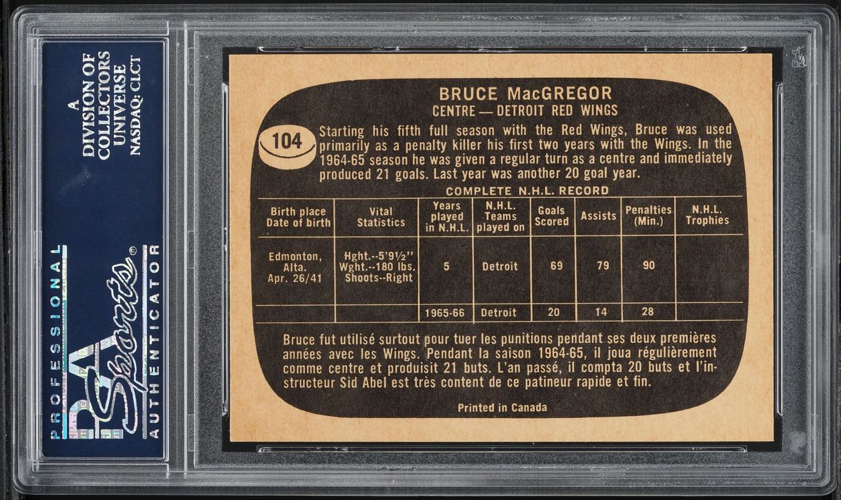 1966 Topps Hockey Bruce MacGregor #104 PSA 7 NRMT