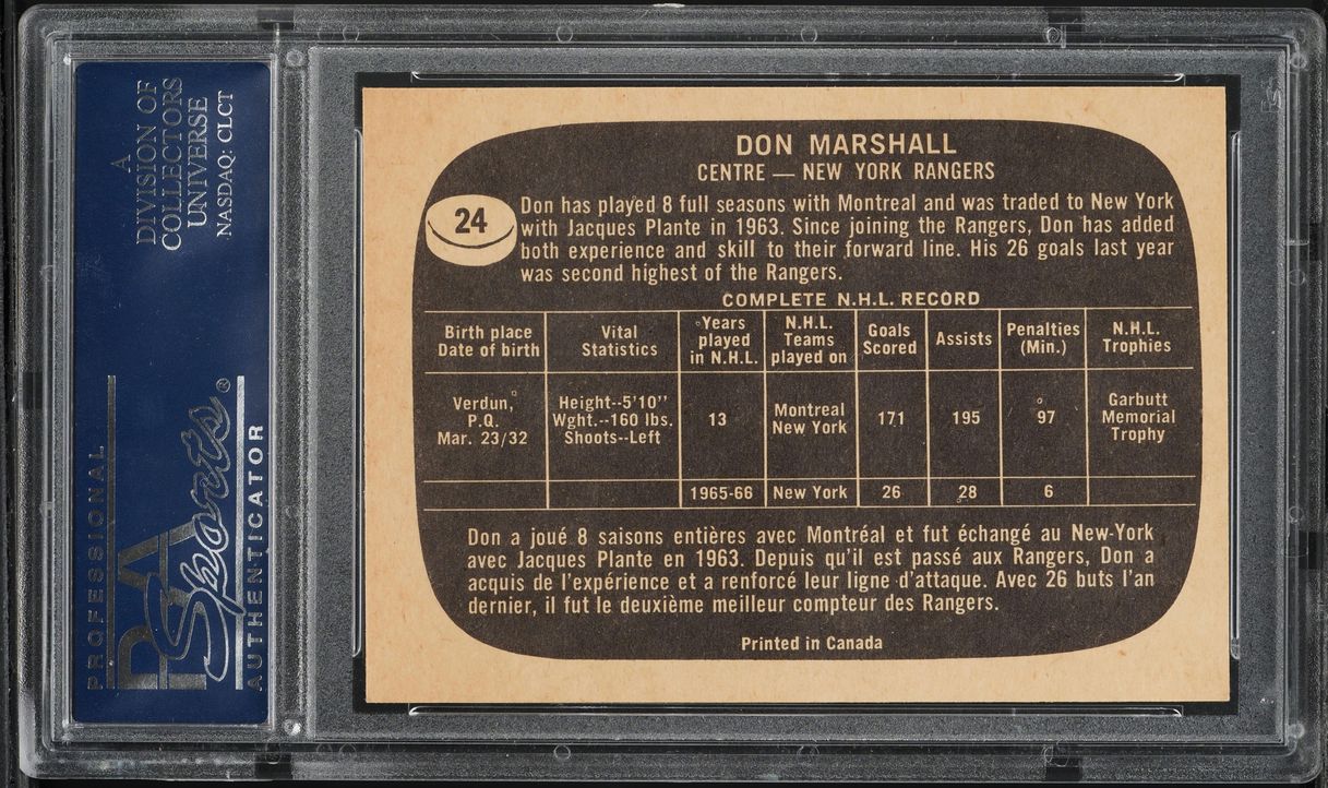 1966 Topps Hockey Don Marshall #24 PSA 7 NRMT