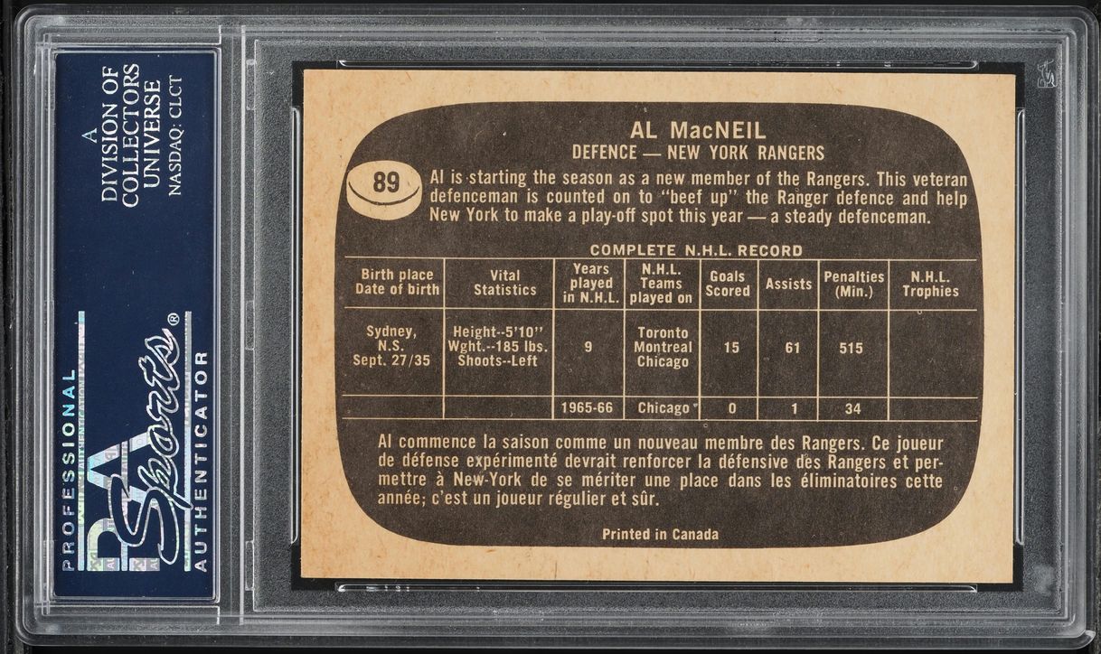 1966 Topps Hockey Al MacNeil #89 PSA 7 NRMT
