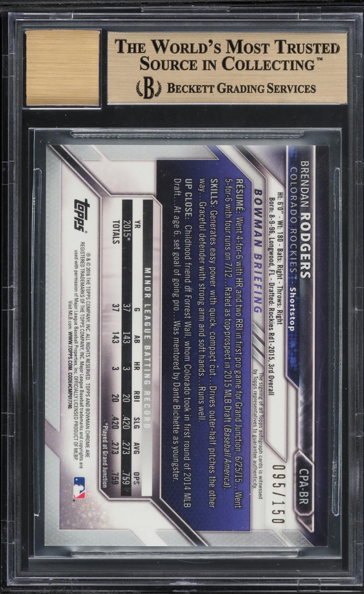 2016 Bowman Chrome Blue Refractor Brendan Rodgers PROSPECT AUTO /150 BGS 9.5