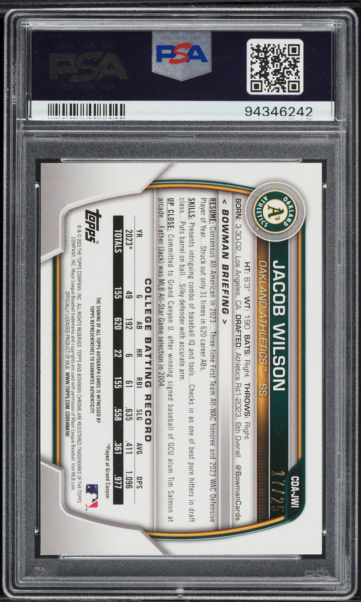 2023 Bowman Chrome Draft Orange Wave Jacob Wilson PROSPECT AUTO /25 PSA 10