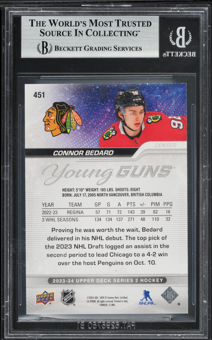 2023 Upper Deck Exclusives Young Guns Connor Bedard ROOKIE /100 #451 BGS 9 MINT