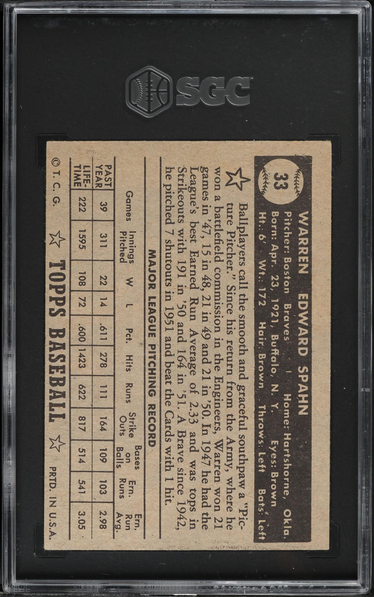 1952 Topps Warren Spahn RED BACK #33 SGC 4 VGEX