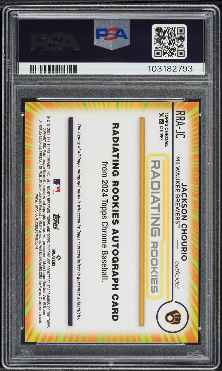 2024 Topps Chrome Radiating Jackson Chourio ROOKIE AUTO /23 #RRAJC PSA 9 MINT