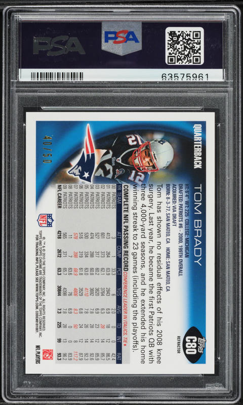 2010 Topps Chrome Gold Refractor Tom Brady /50 #C80 PSA 9 MINT on