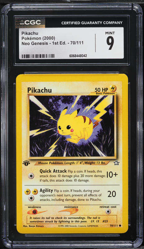 pikachu pokemon card 70 hp Neo Genesis 1st Edition 70/111 PSA 8 TBC Games including damage PSA10Pikachu: "Pika Pika! Pikachu! Promo