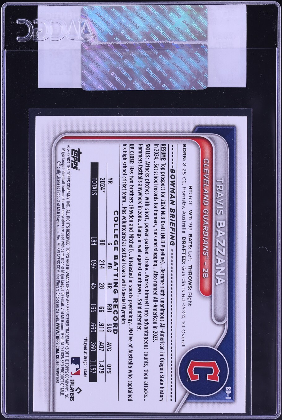 2024 Bowman Draft Travis Bazzana PROSPECT #BD-1 CGC AUTH