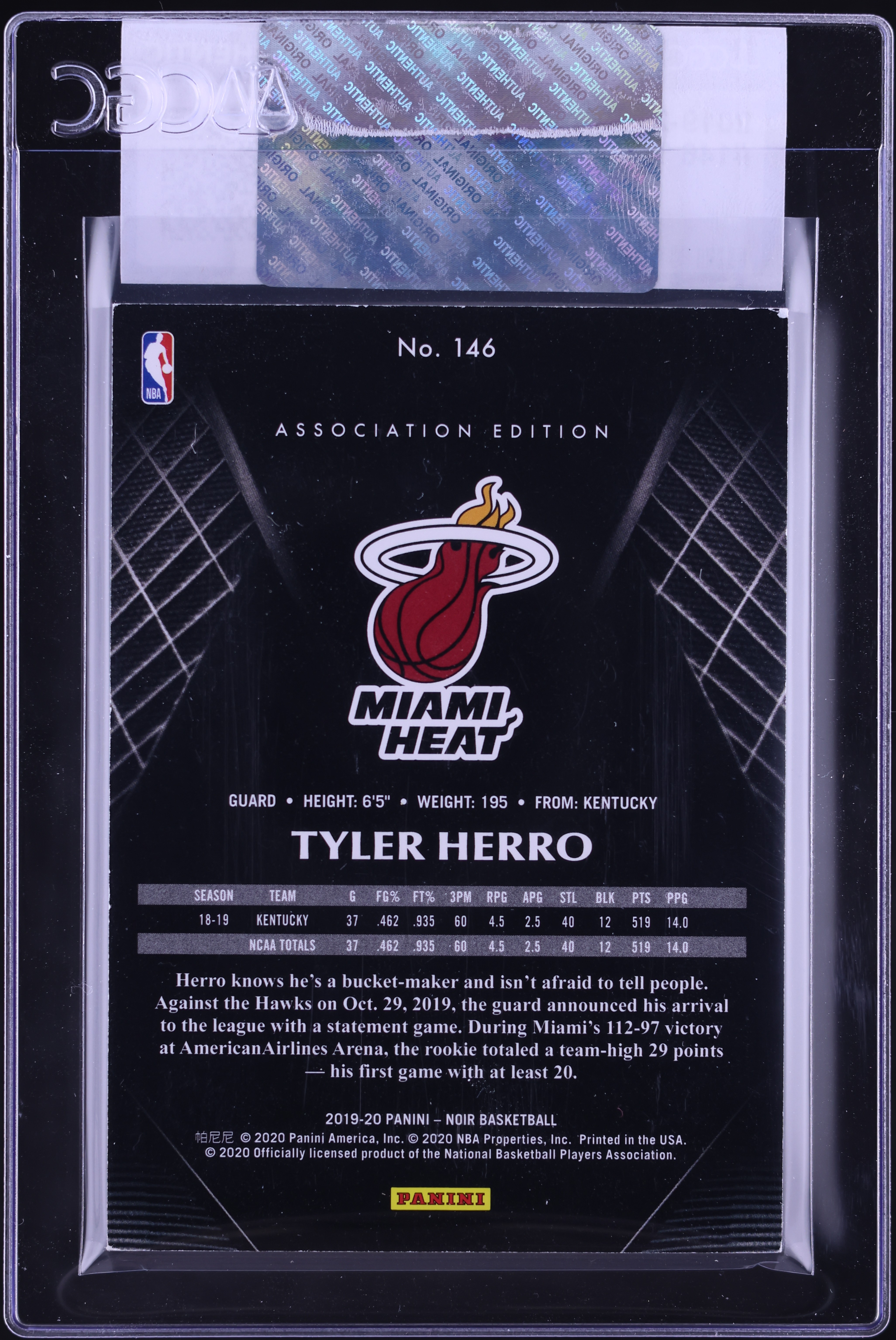2019 Panini Noir Tyler Herro ROOKIE /99 #146 CGC AUTH on Fanatics 
