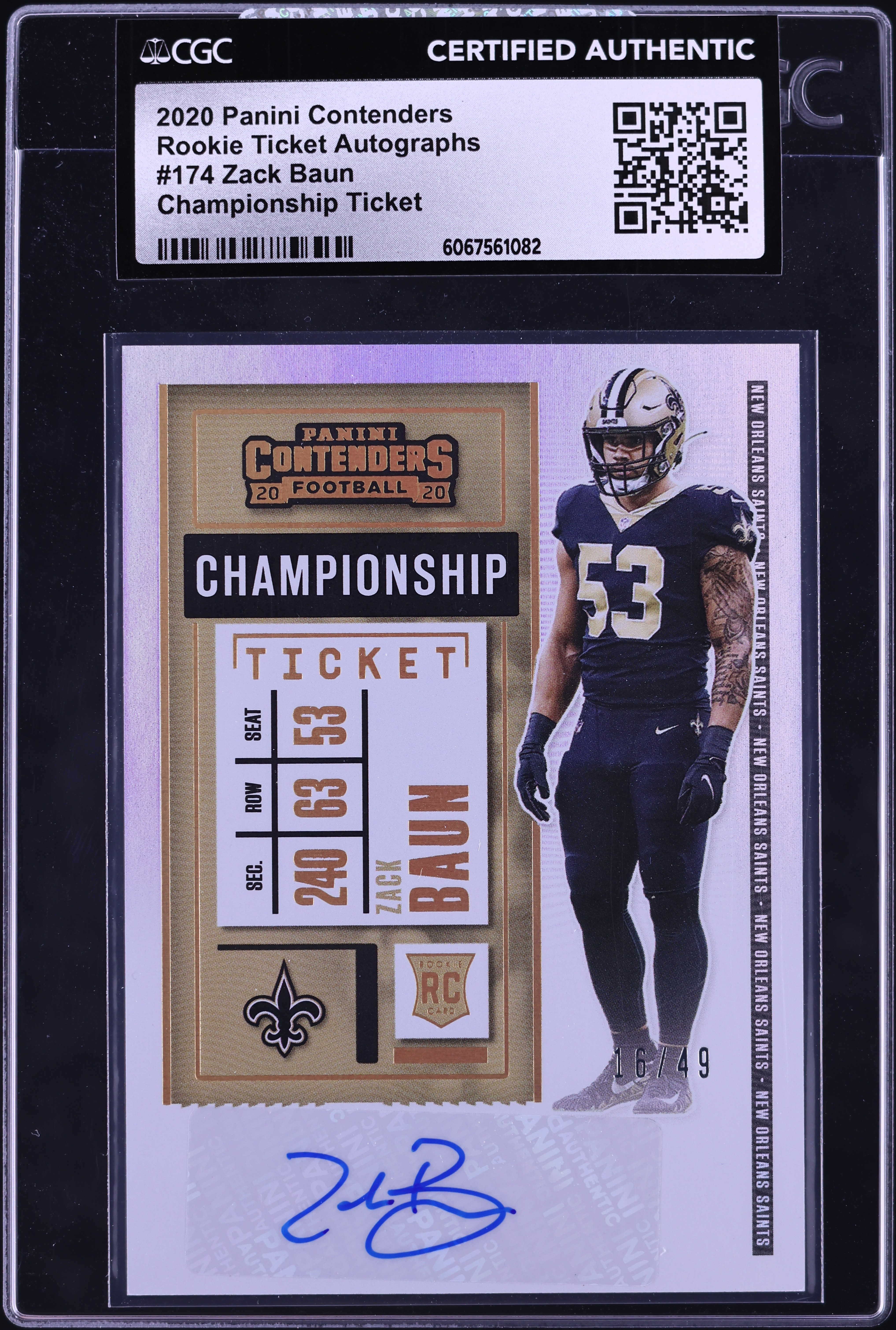 2020 Panini Contenders Championship Ticket Zack Baun ROOKIE AUTO