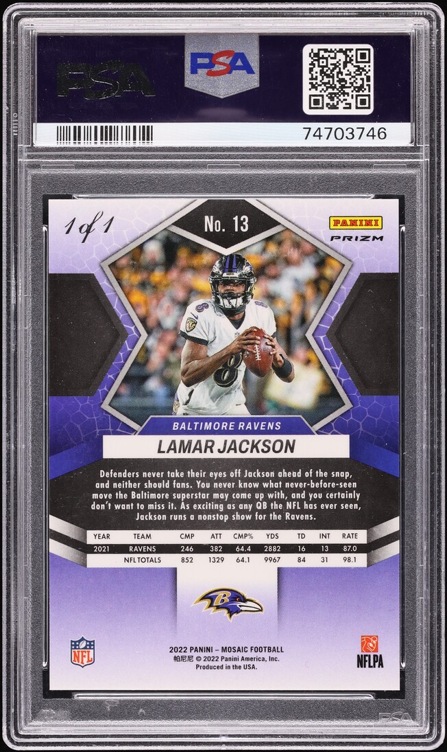 2022 Panini Mosaic No Huddle Black Lamar Jackson 1/1 #13 PSA 9 MINT