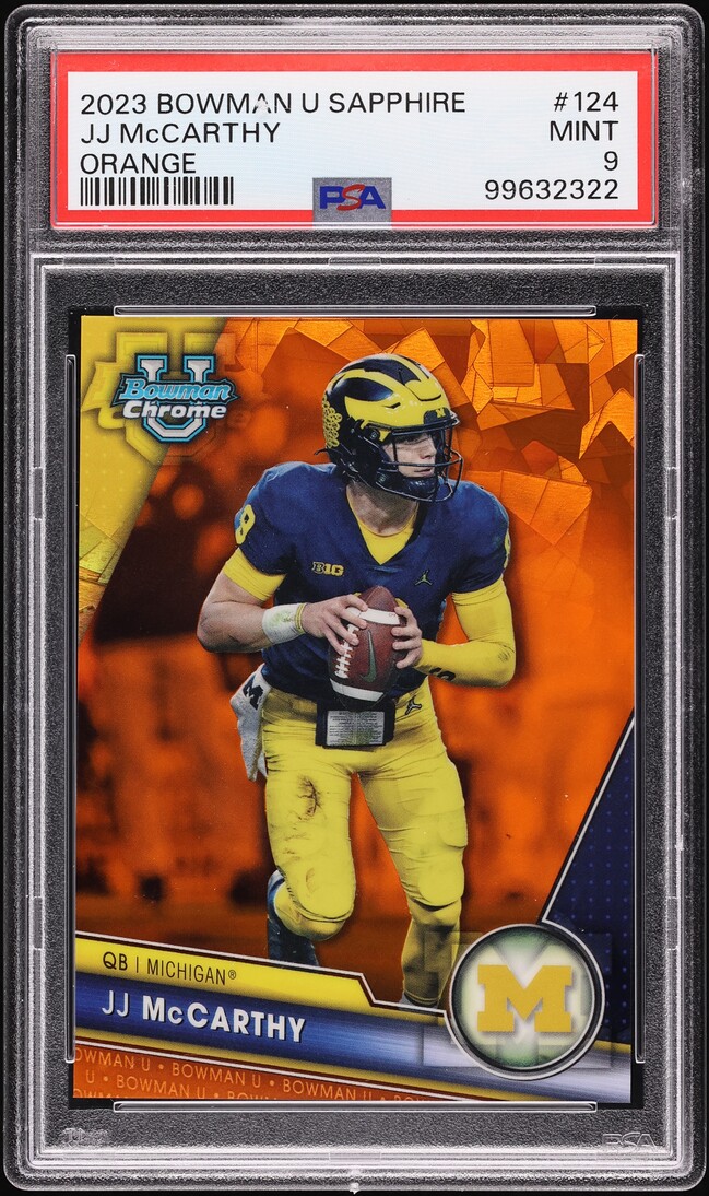 2023 Bowman Chrome University Sapphire Orange J.J. McCarthy ROOKIE /25 PSA 9