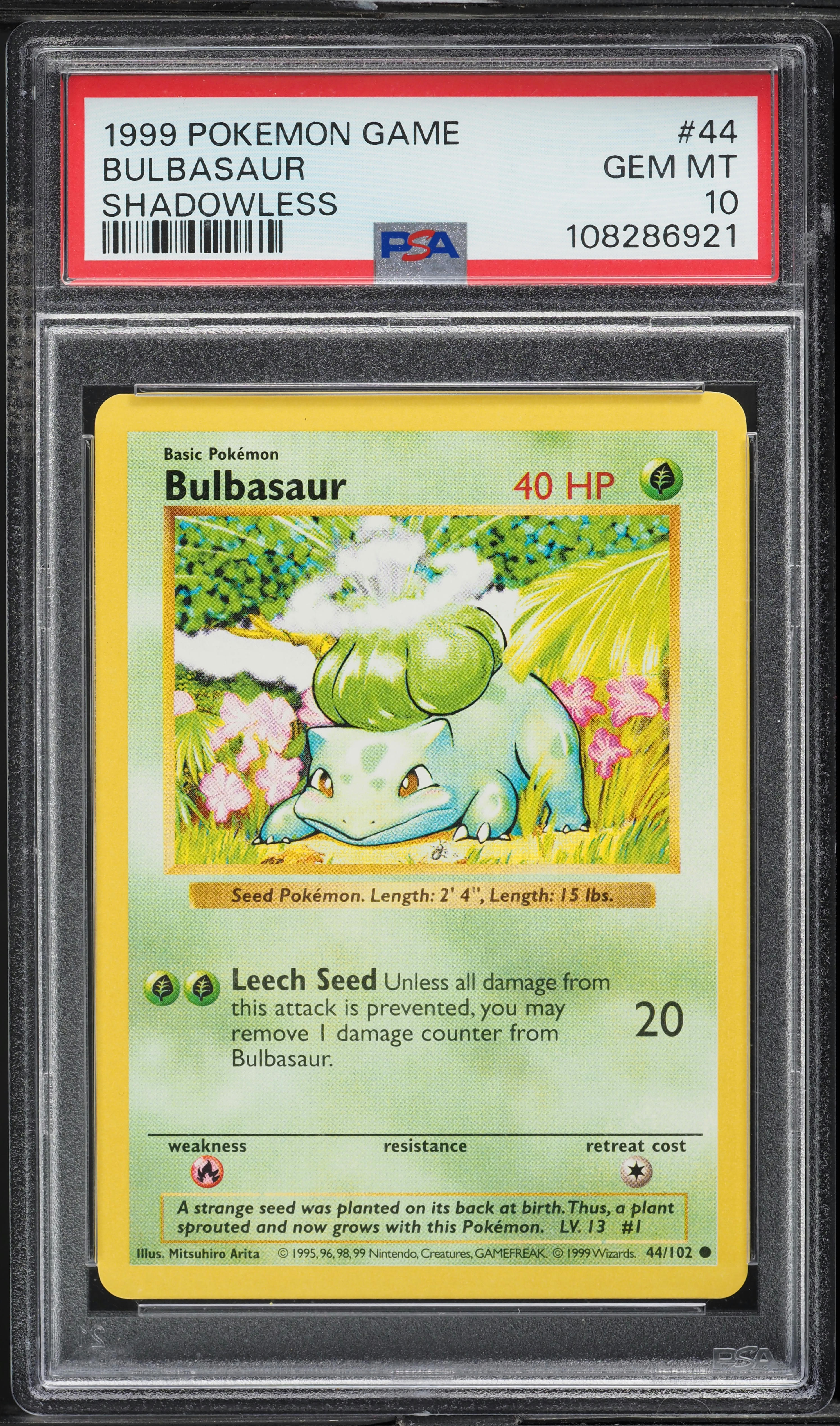 1999 Pokemon Base Set Shadowless Bulbasaur #44 PSA 10 GEM MINT on
