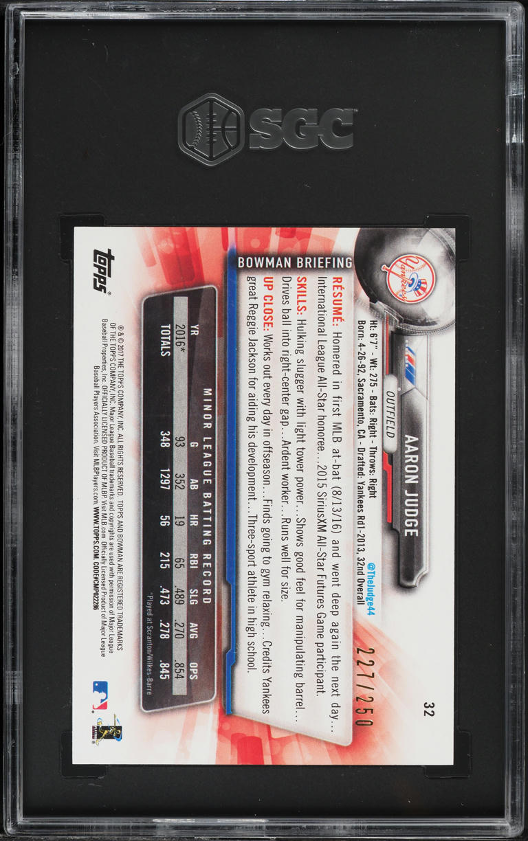 2017 Bowman Purple Aaron Judge ROOKIE /250 #32 SGC 9.5 MINT+