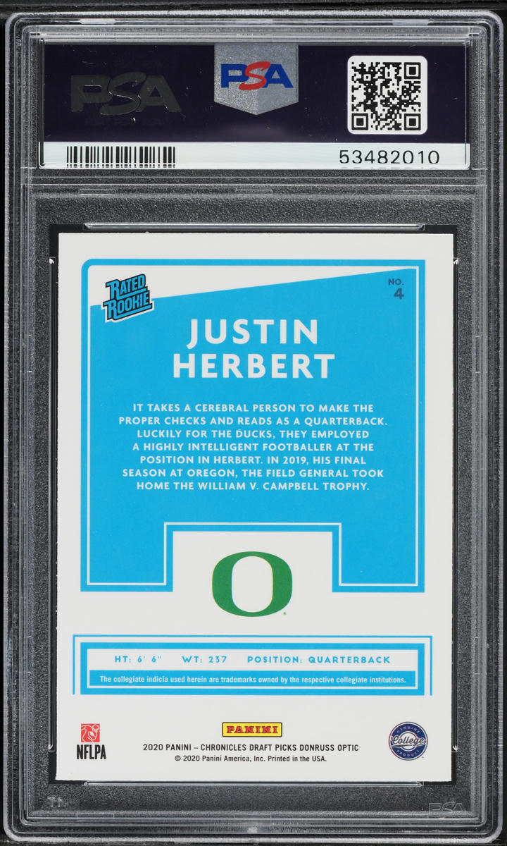 2020 Panini Chronicles Draft Donruss Optic Justin Herbert ROOKIE #4 PSA 10 GEM