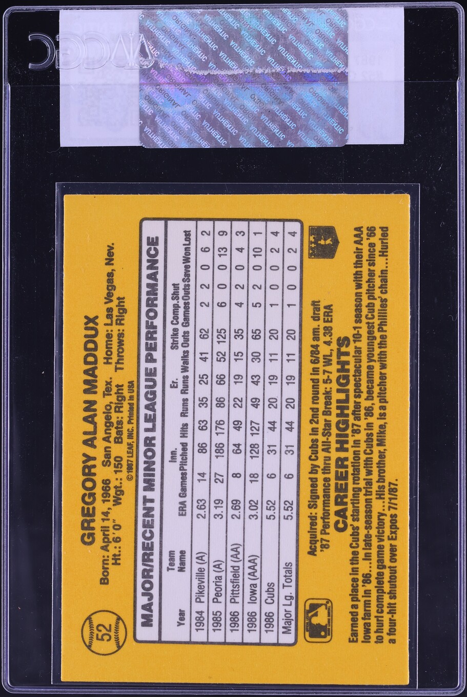 1987 Donruss Greg Maddux ROOKIE #52 CGC AUTH