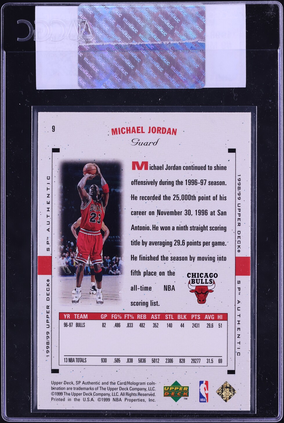 1998 SP Authentic Basketball Michael Jordan #9 CGC AUTH