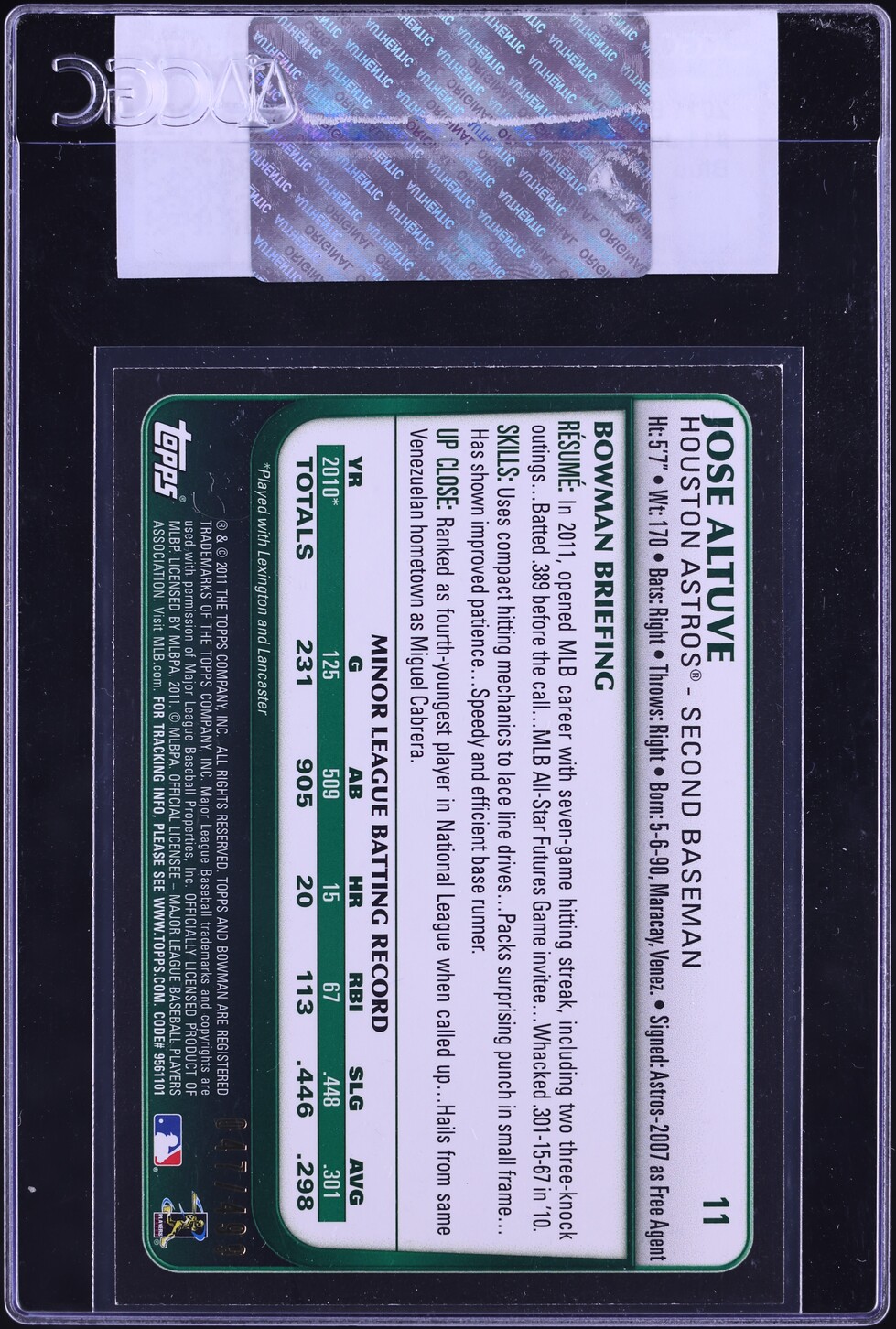 2011 Bowman Draft Picks & Prospects Blue /499 Jose Altuve ROOKIE #11 CGC AUTH