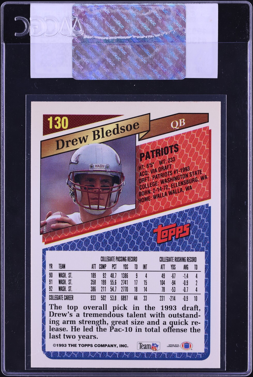1993 Topps Football Drew Bledsoe ROOKIE #130 CGC AUTH