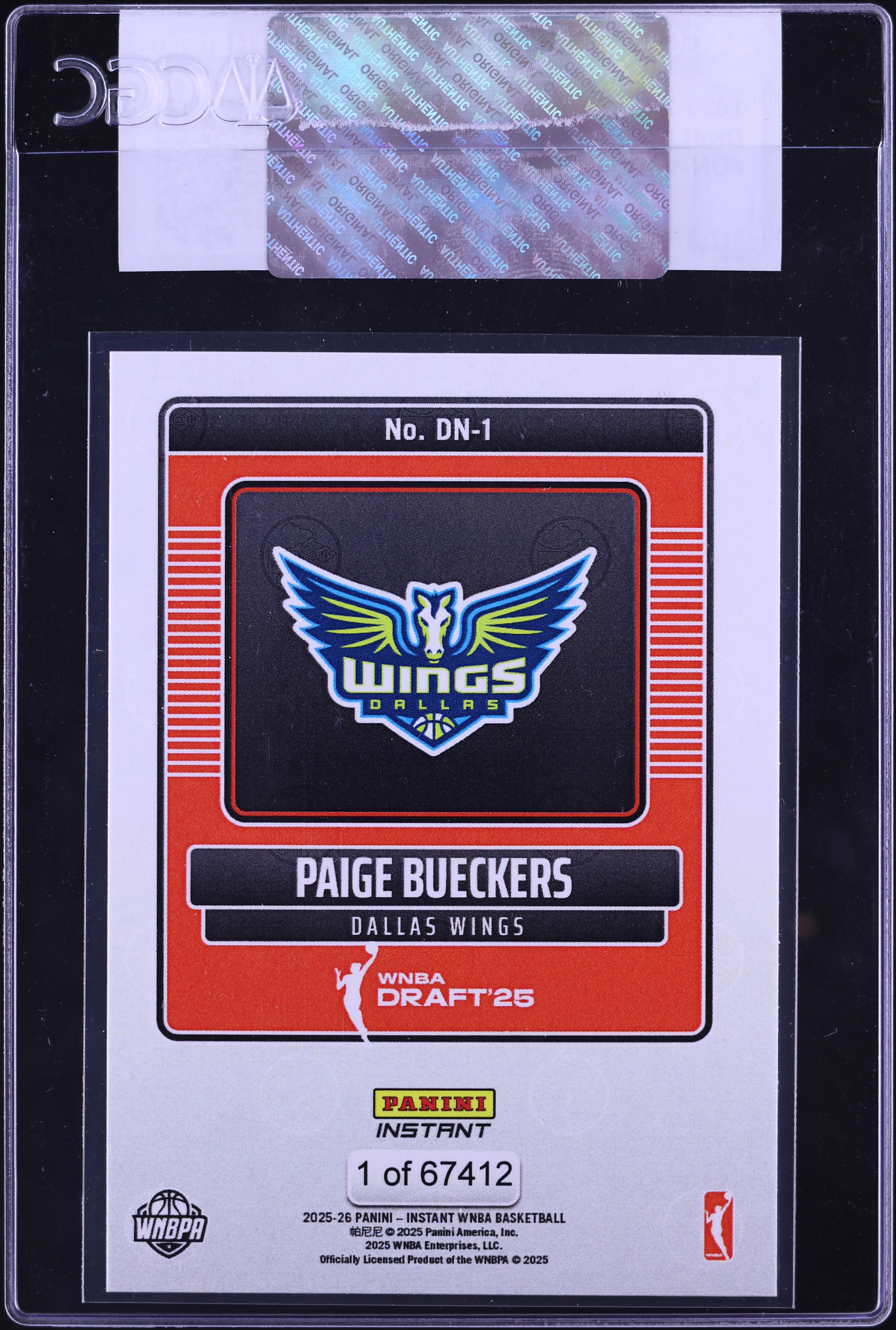 2025 Panini Instant WNBA Draft Night Paige Bueckers ROOKIE  2025 Panini Instant WNBA  #DN-1  Paige Bueckers  Wings Rookie (RC) Gem Mint 10 main image 0