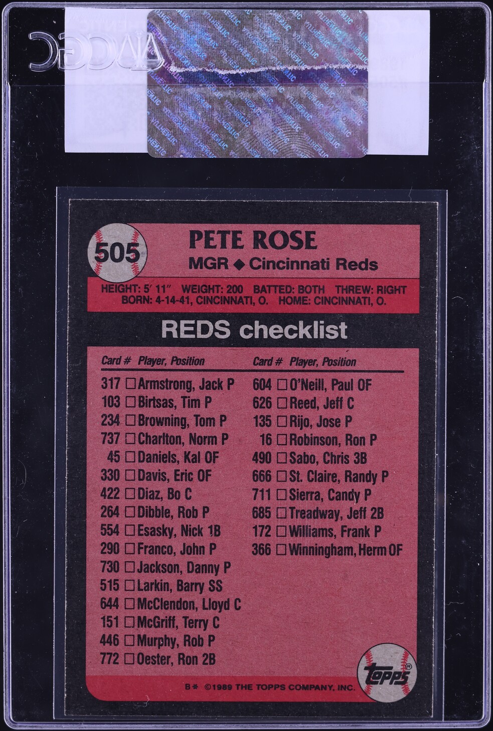 1989 Topps Pete Rose #505 CGC AUTH