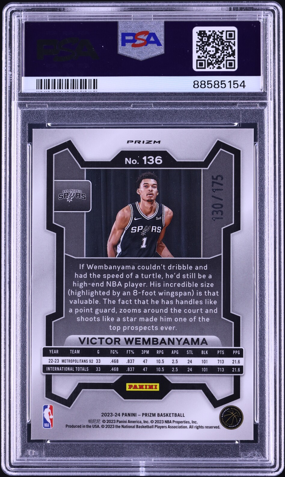 2023 Panini Prizm White Victor Wembanyama ROOKIE /175 #136 PSA 10 GEM MINT