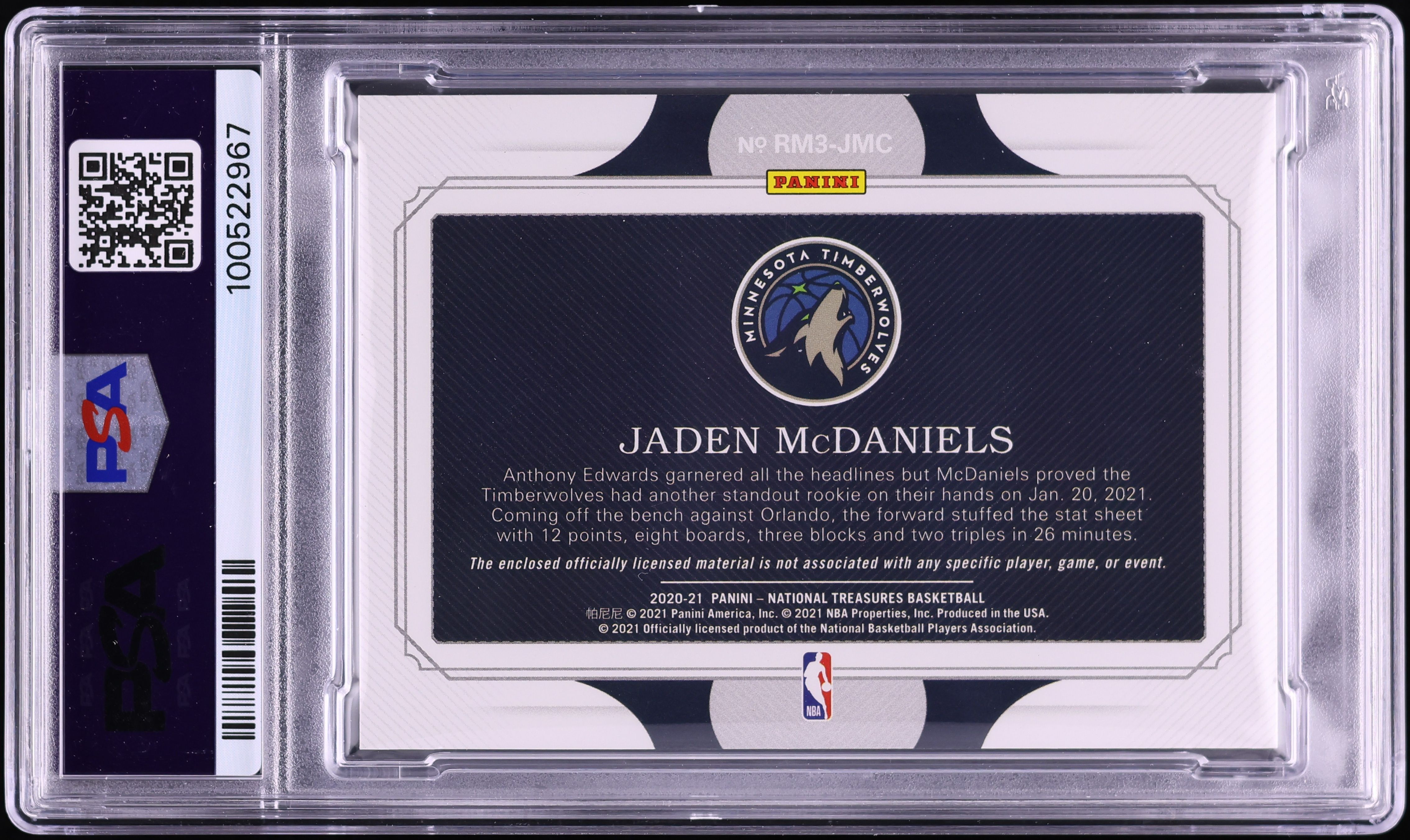 2020 National Treasures Jumbo Super Prime Jaden McDaniels RC PATCH