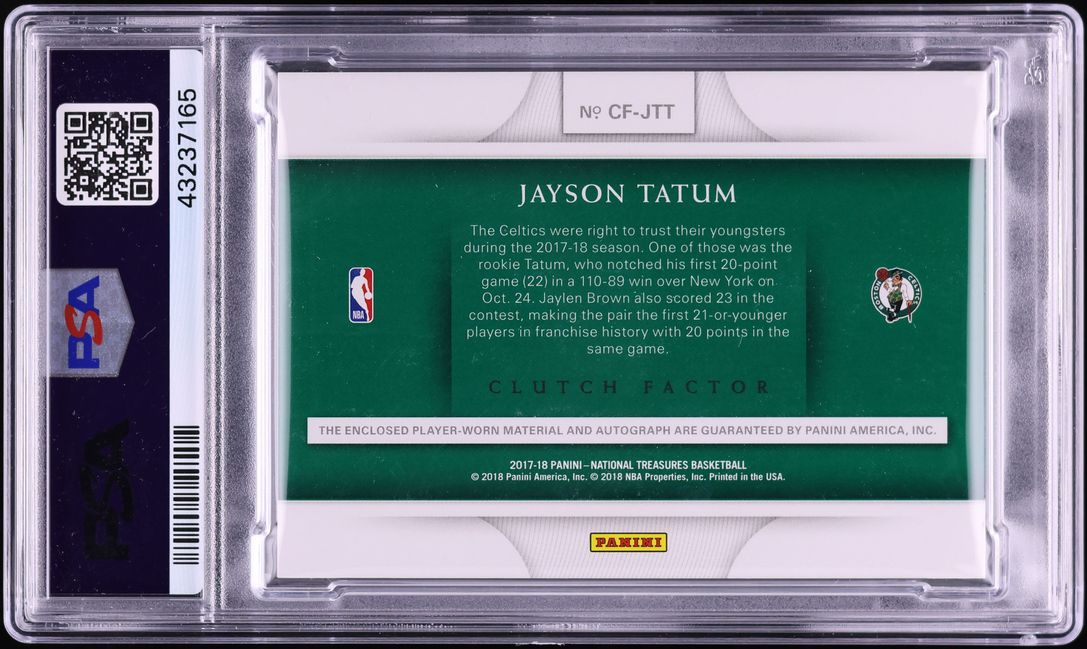 2017 NT Clutch Factor Bronze Jayson Tatum ROOKIE PATCH AUTO /25 PSA 10 GEM MINT
