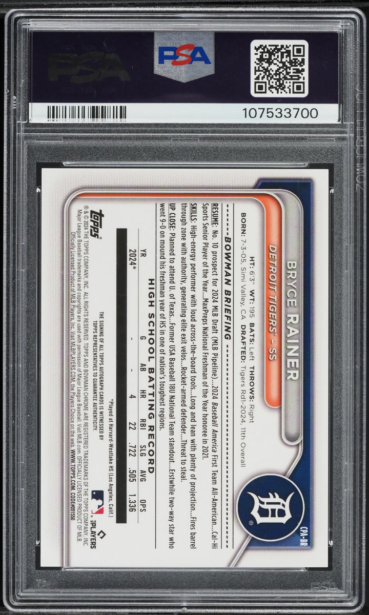 2024 Bowman Chrome Draft Gold Ref Bryce Rainer PROSPECT AUTO /50 #CPABR PSA 10