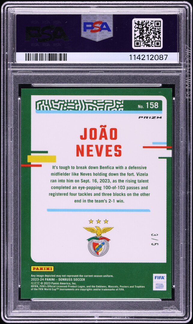 2023 Panini Donruss FIFA Optic Green Joao Neves ROOKIE /5 #158 PSA 9 MINT