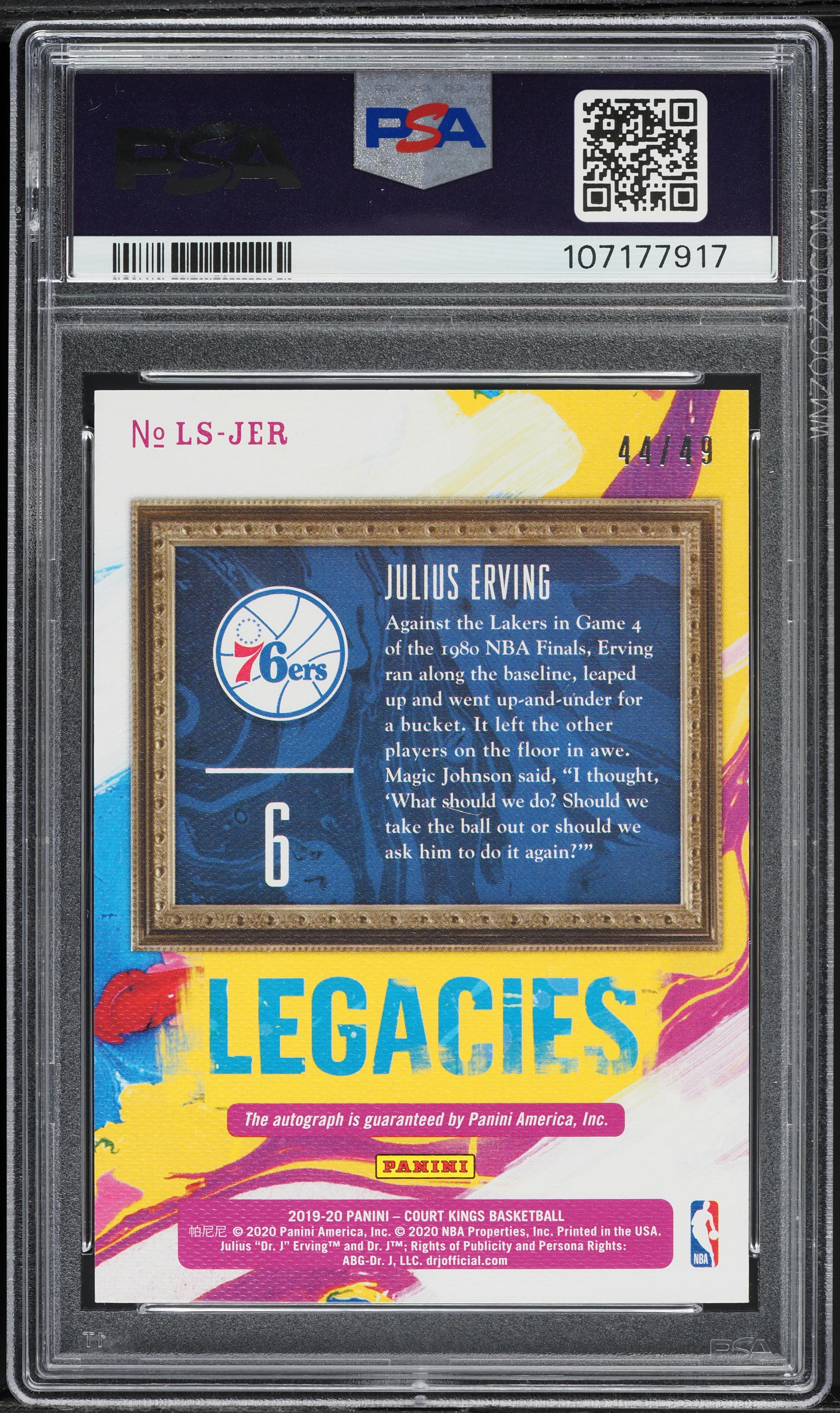 2019 Panini Court Kings Legacies Julius Erving AUTO ⁄49 #LS-JER