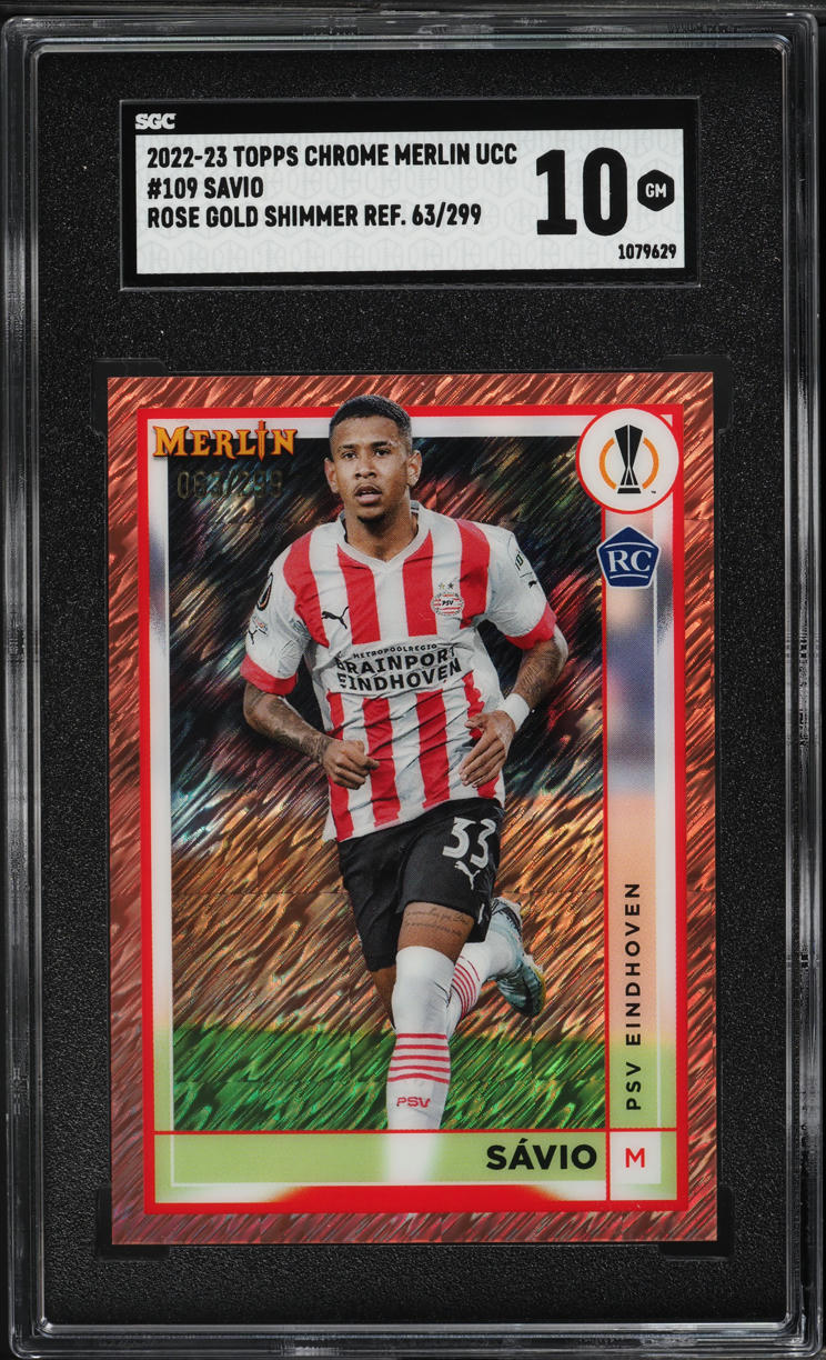 2022 Topps Chrome Merlin UEFA Rose Gold Shimmer Ref Savio ROOKIE /299 SGC 10