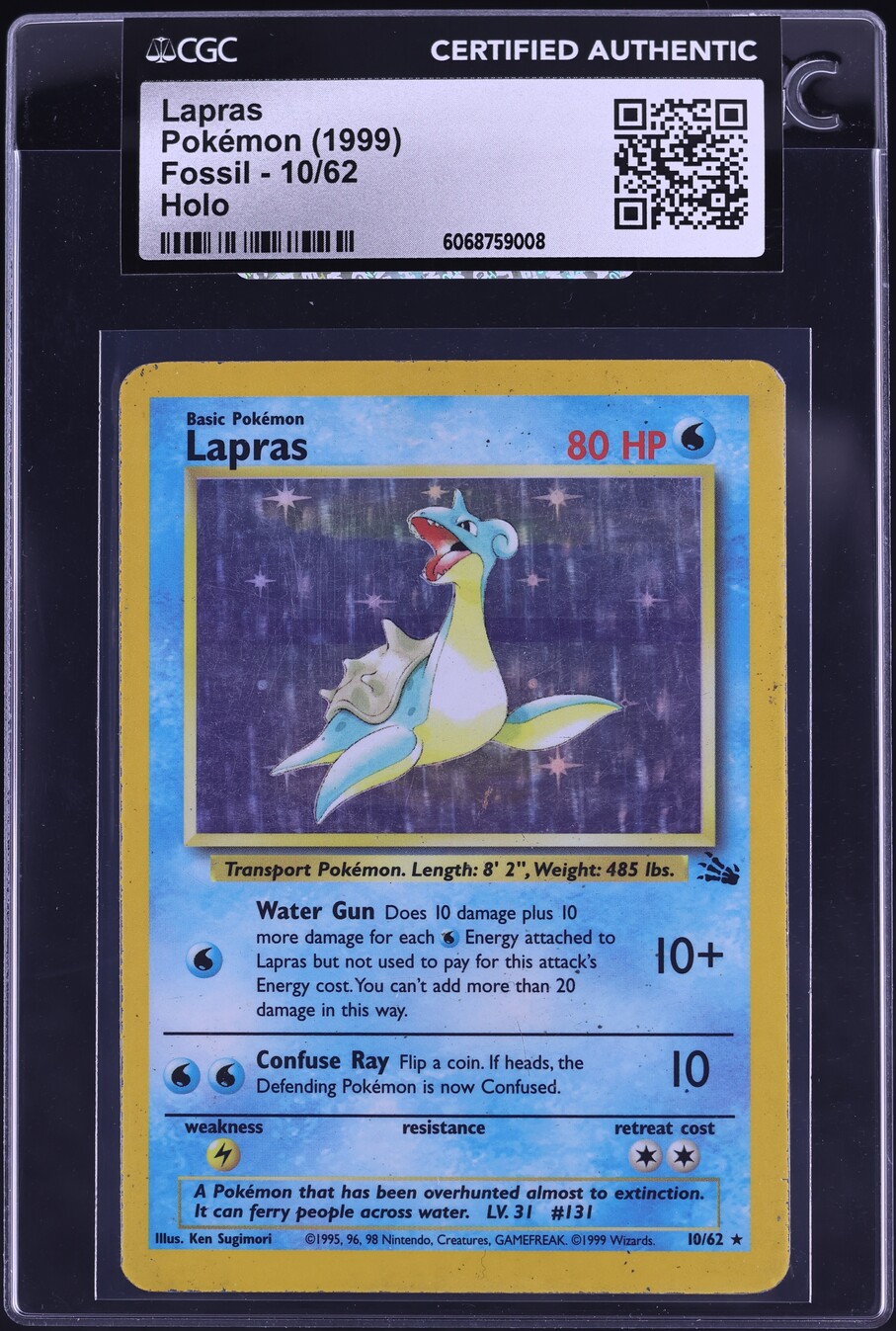1999 Pokemon Fossil Holo Lapras #10 CGC AUTH