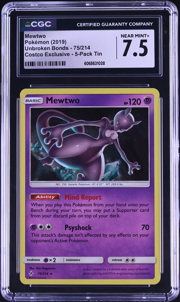 2019 Pokemon Sun & Moon Unbroken Bonds Costco Exclusive Mewtwo #75 CGC 7.5 NRMT+