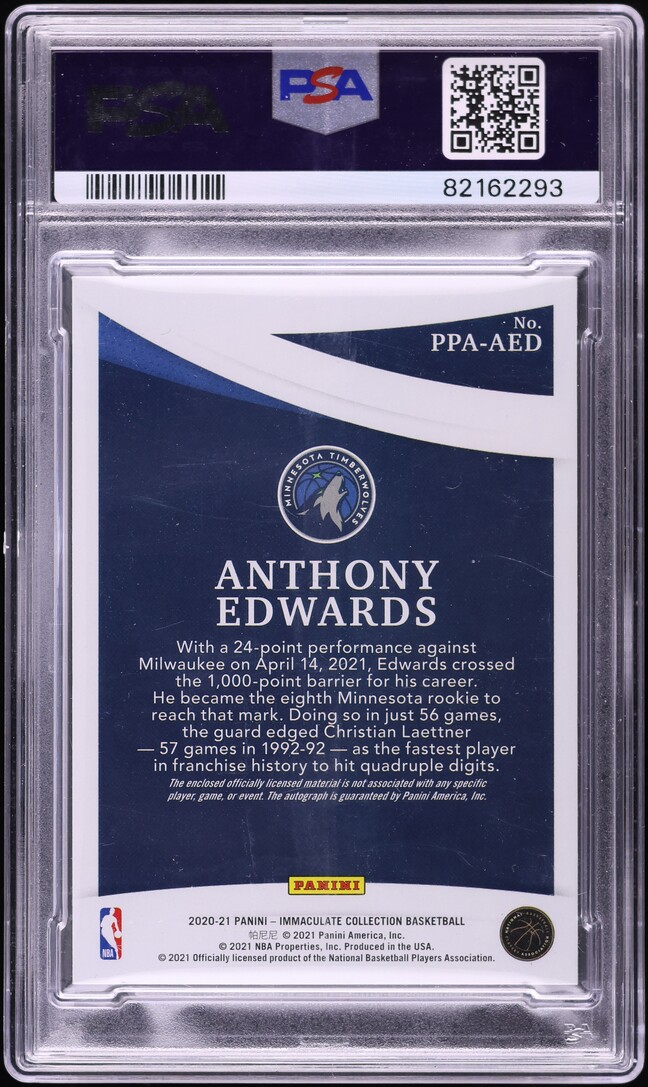 2020 Panini Immaculate Collection Anthony Edwards ROOKIE PATCH AUTO /50 PSA 8