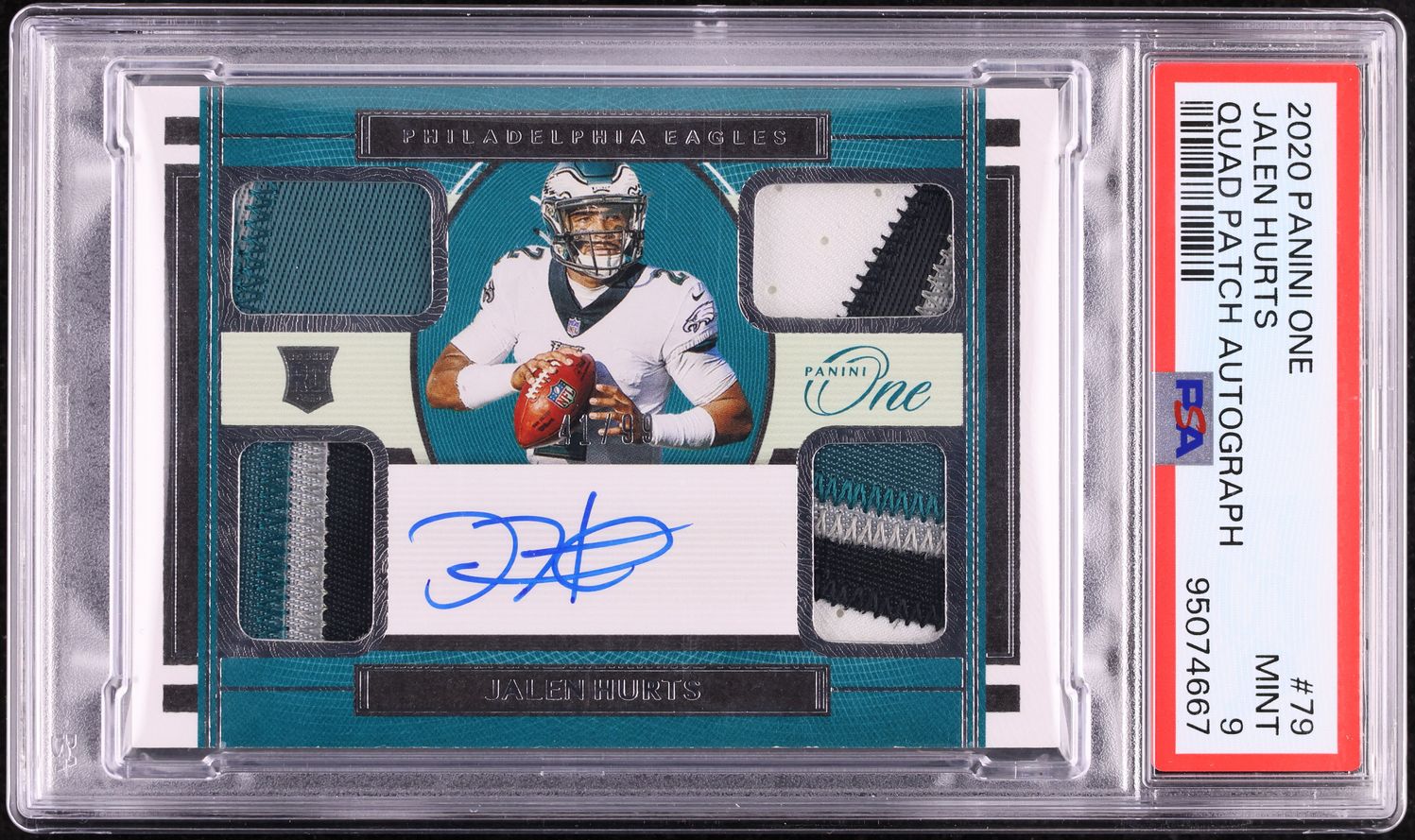 2020 Panini One Quad Jalen Hurts ROOKIE PATCH AUTO /99 #79 PSA 9 MINT