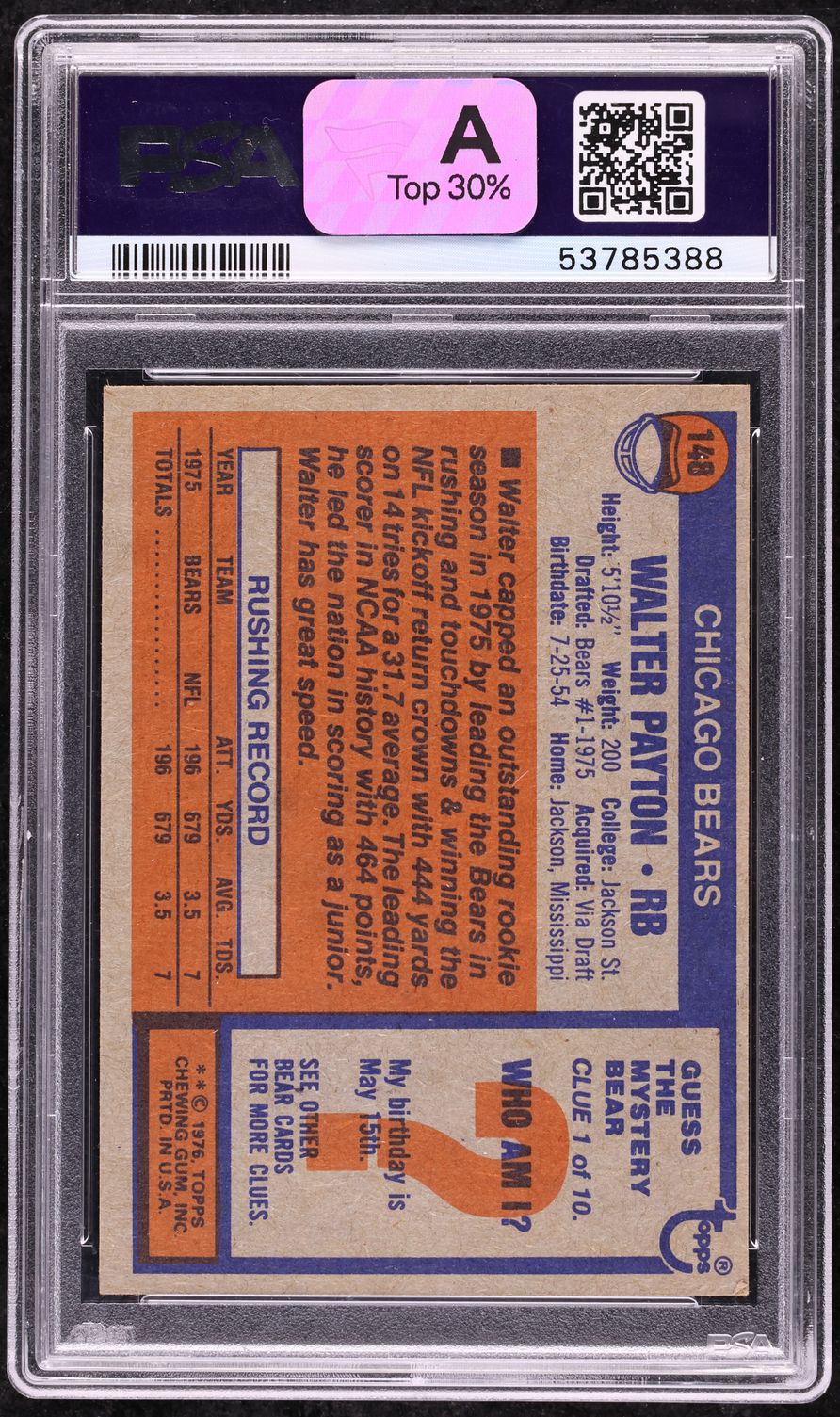 1976 Topps Football Walter Payton ROOKIE #148 PSA 7.5 NRMT+