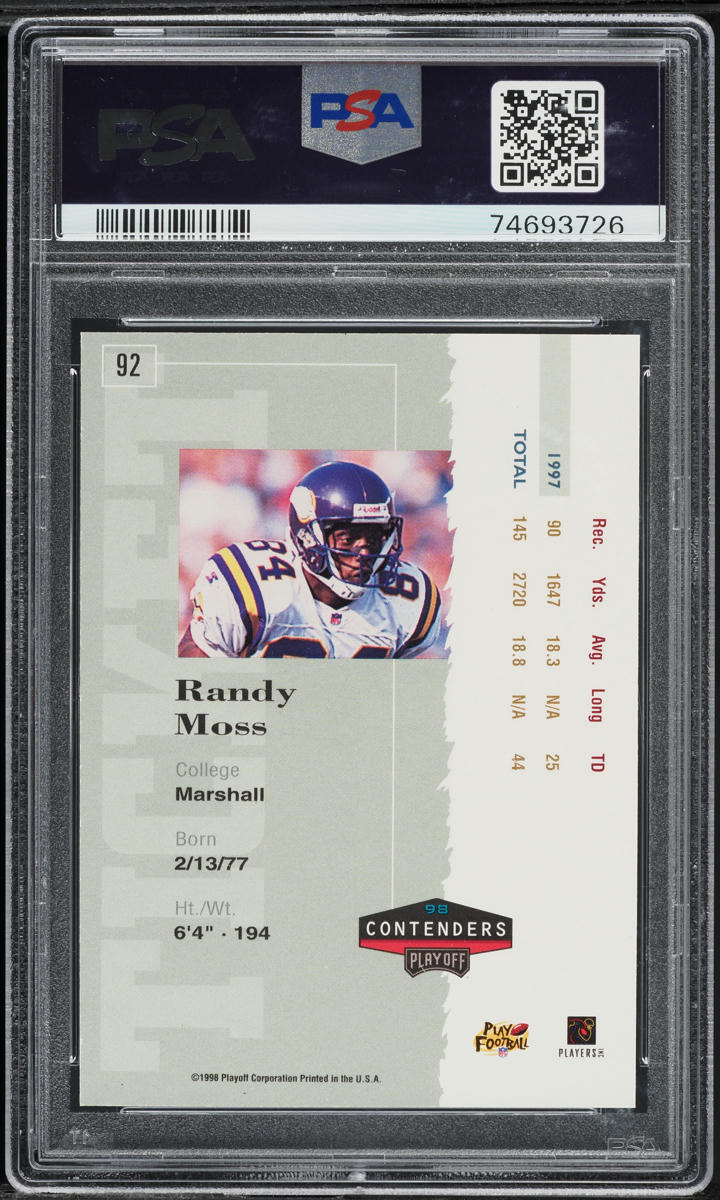 1998 Playoff Contenders Randy Moss ROOKIE AUTO #92 PSA 7 NRMT