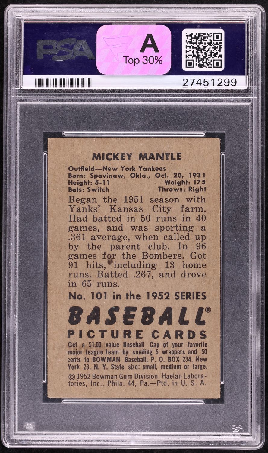 1952 Bowman Mickey Mantle #101 PSA 3 VG
