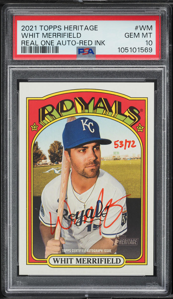 2021 Topps Heritage Real One Red Ink Whit Merrifield AUTO /72 #WM PSA 10 GEM