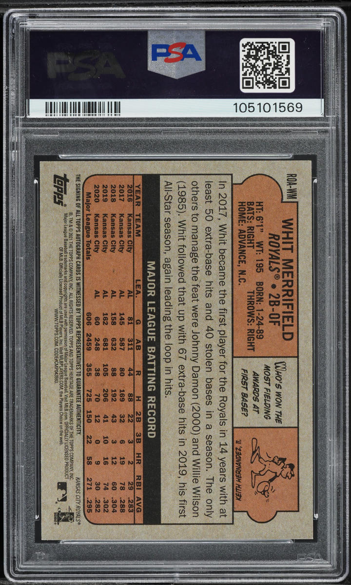 2021 Topps Heritage Real One Red Ink Whit Merrifield AUTO /72 #WM PSA 10 GEM