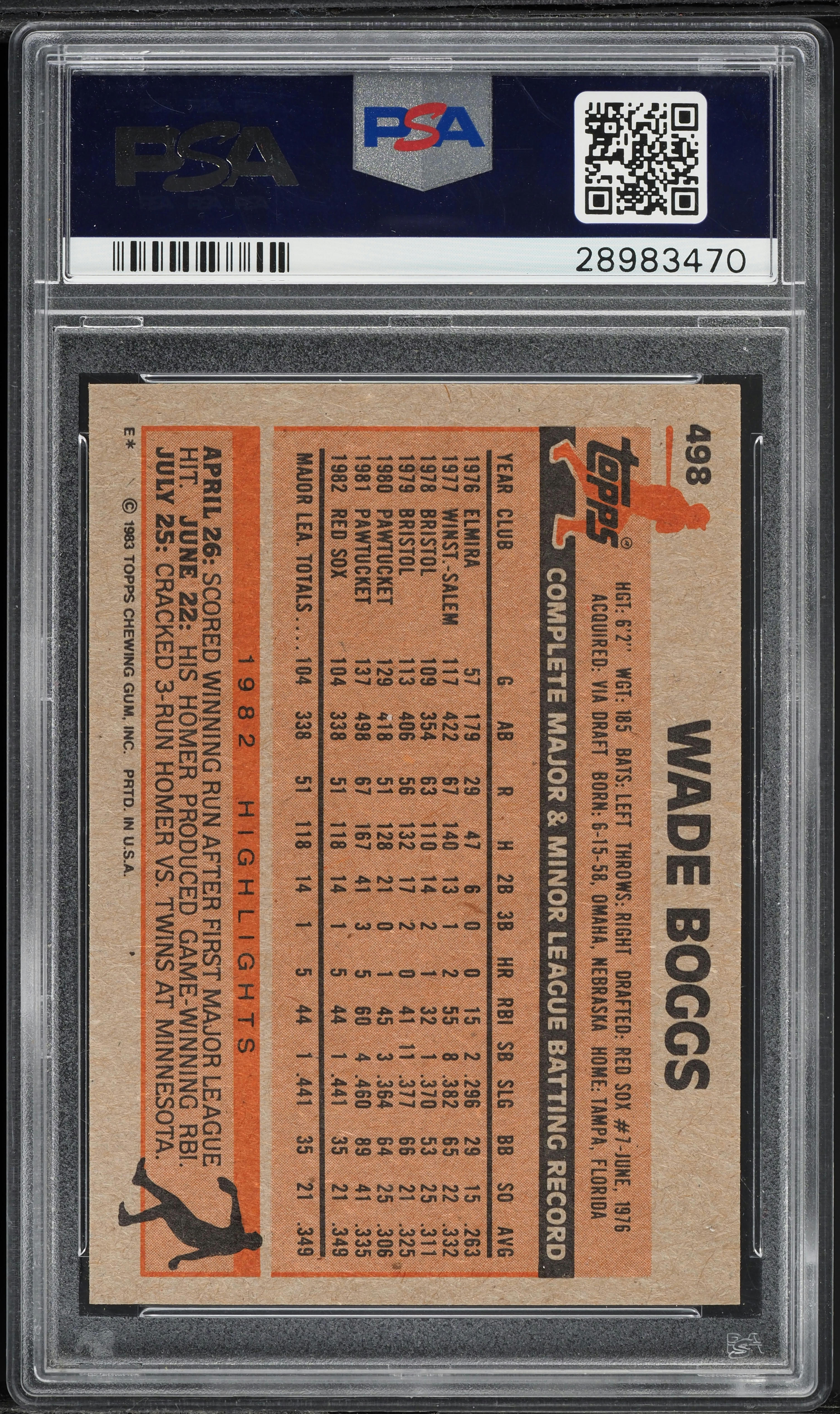 1983 Topps Wade Boggs #498 PSA 10 GEM MINT on Fanatics Collect