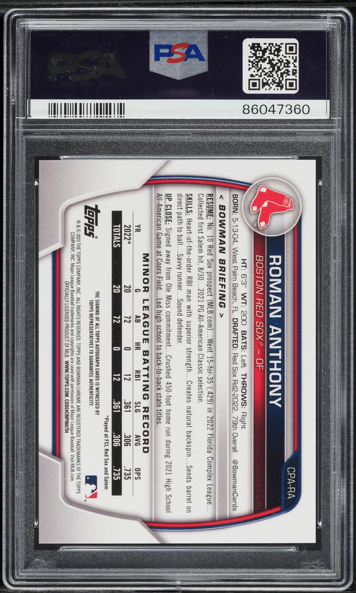 2023 Bowman Chrome Gold Roman Anthony PROSPECT AUTO /50 #CPARA PSA 10 GEM MINT