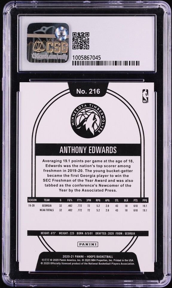 2020 Hoops Anthony Edwards ROOKIE #216 CSG 9 MINT