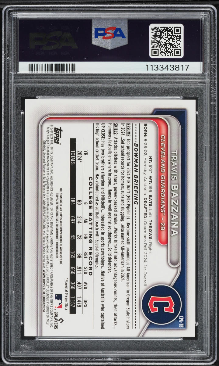 2024 Bowman Chrome Draft Travis Bazzana PROSPECT AUTO #CPATB PSA 10 GEM MINT