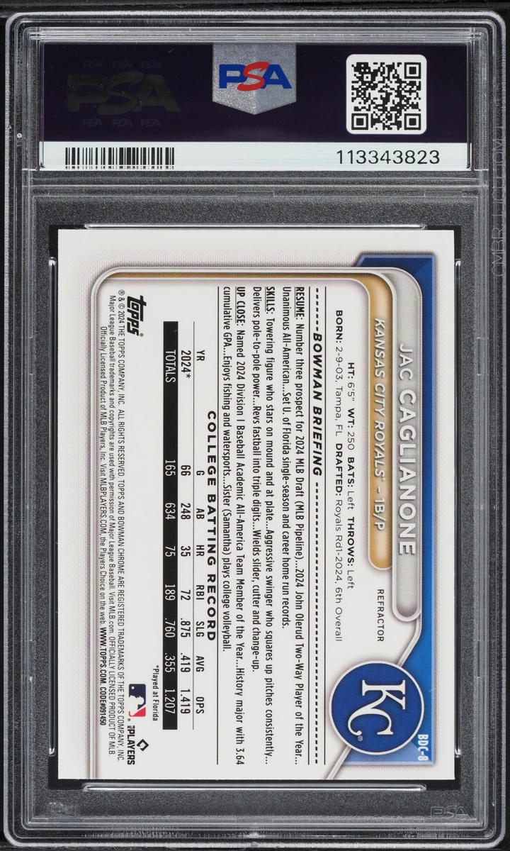2024 Bowman Chrome Draft Refractor Jac Caglianone PROSPECT #BDC8 PSA 9 MINT